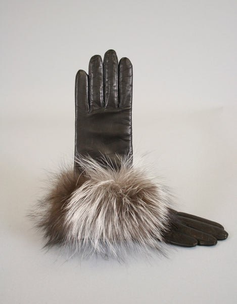 Cashmere Lined Fur Trim Glove-Black/ Silver Fox