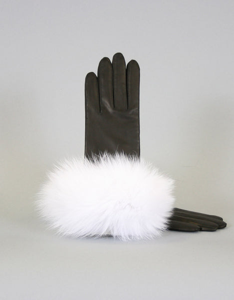 Cashmere Lined Fur Trim Glove-Black/ White Fox