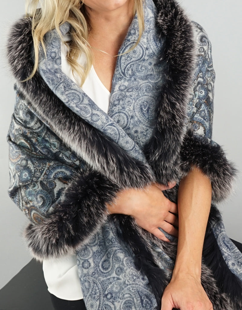 Printed Cashmere Shawl- Azure / Black Snow