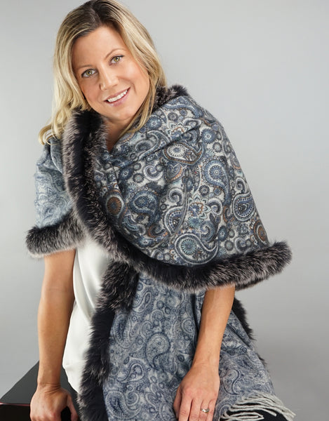 Printed Cashmere Shawl- Azure / Black Snow