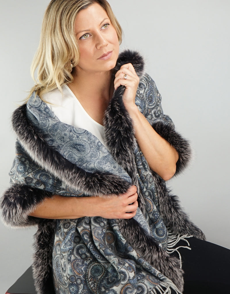 Printed Cashmere Shawl- Azure / Black Snow