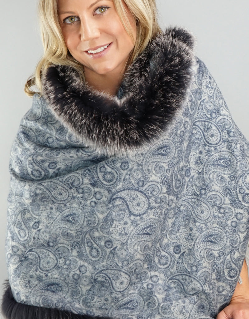 Printed Cashmere Shawl- Azure / Black Snow