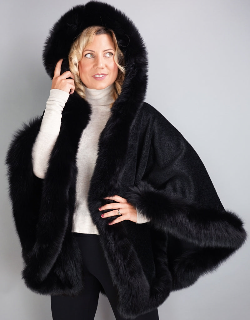Full Band Hooded Alpaca Cape-Black