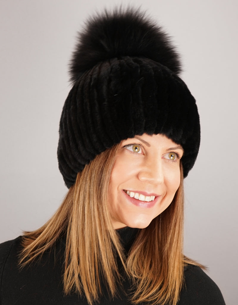 Oversize Pom Pom Stretch Rex Hat - Black