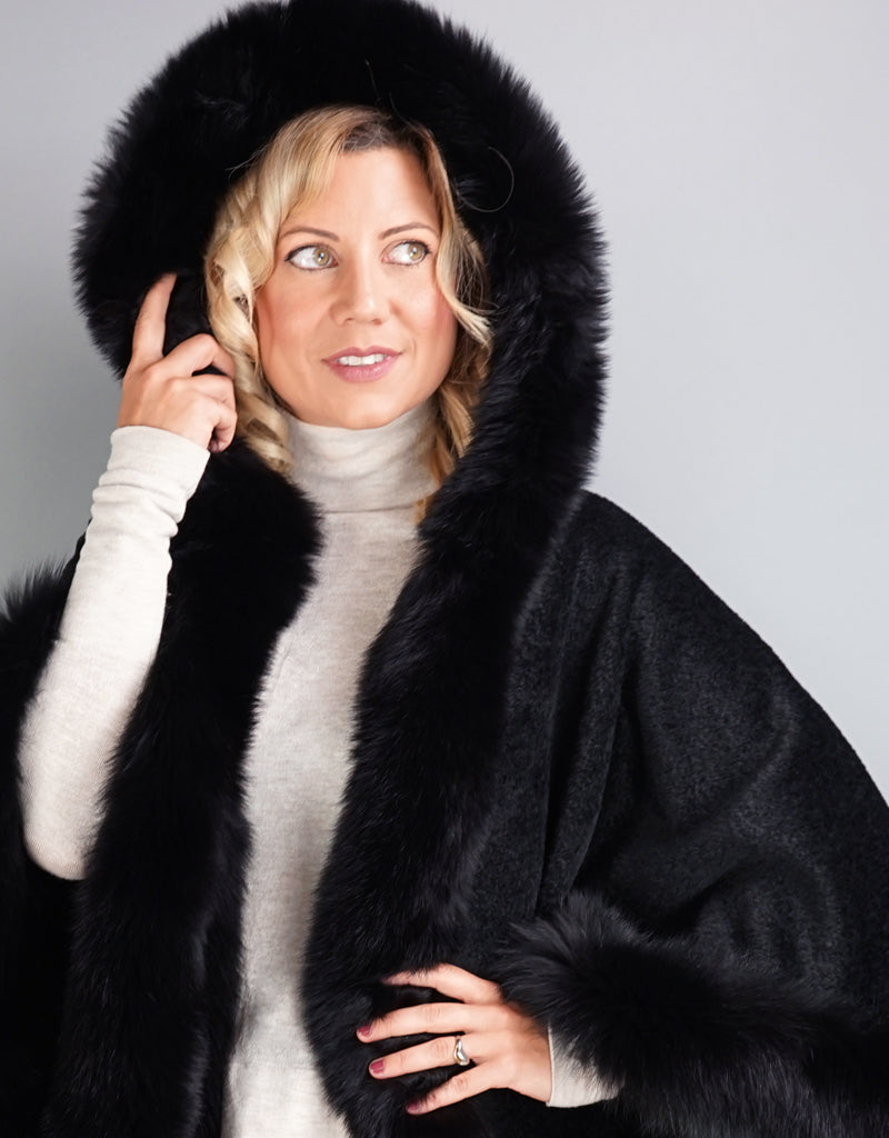 Full Band Hooded Alpaca Cape-Black