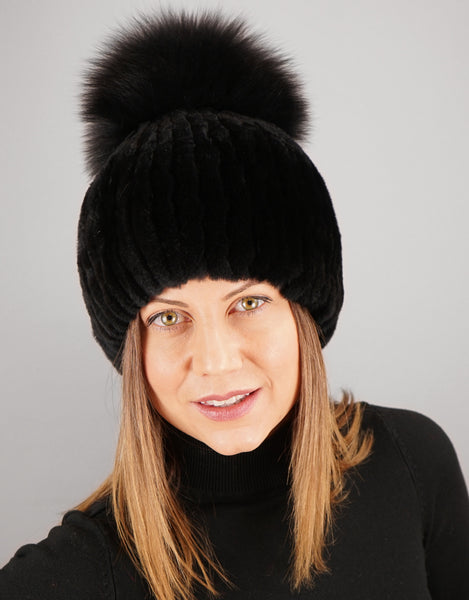 Oversize Pom Pom Stretch Rex Hat - Black