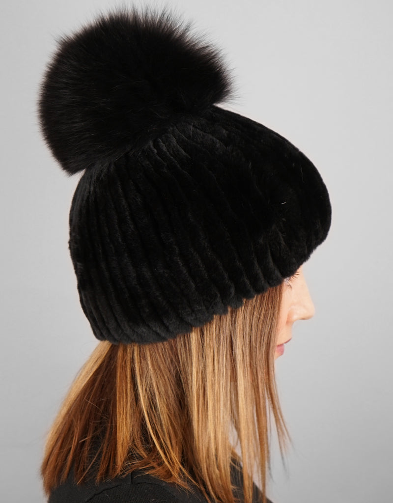 Oversize Pom Pom Stretch Rex Hat - Black