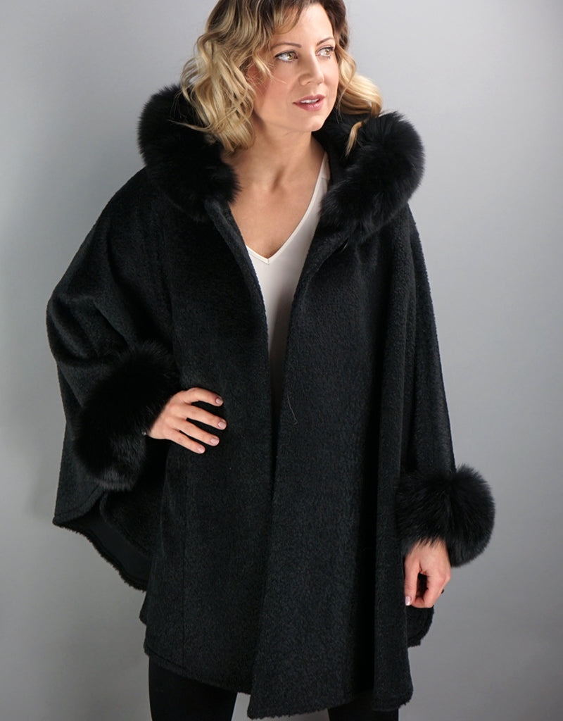 Hooded One Button Cape- Black