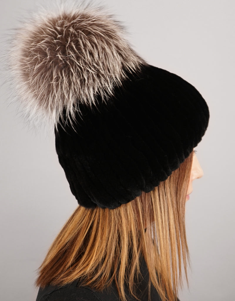 Oversize Pom Pom Stretch Rex Hat - Black Silver