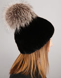 Oversize Pom Pom Stretch Rex Hat - Black Silver