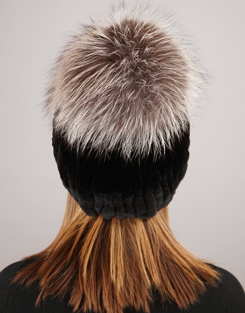 Oversize Pom Pom Stretch Rex Hat - Black Silver