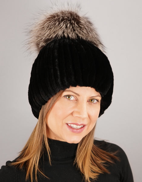 Oversize Pom Pom Stretch Rex Hat - Black Silver