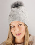 Diamond Weave Crystal Pearl Pom Hat - Grey