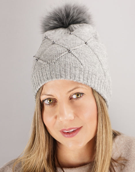 Diamond Weave Crystal Pearl Pom Hat - Grey