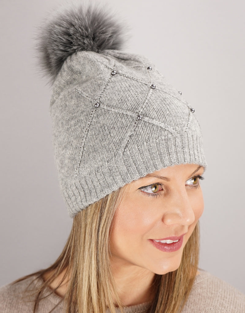 Diamond Weave Crystal Pearl Pom Hat - Grey