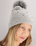 Diamond Weave Crystal Pearl Pom Hat - Grey