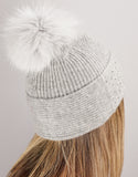 Diamond Weave Crystal Pearl Pom Hat - Grey
