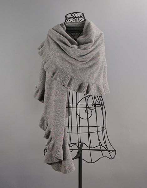 Beautiful Cashmere Ruffle Shawl- Grey Fleck
