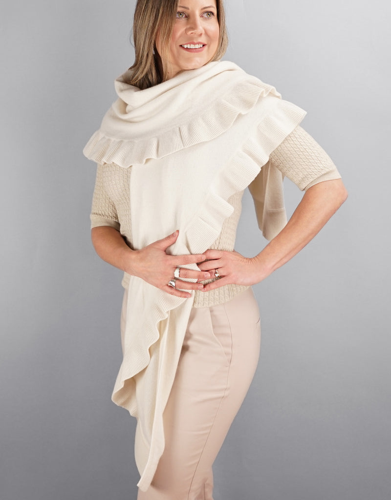 Beautiful Cashmere Ruffle Shawl- Cream