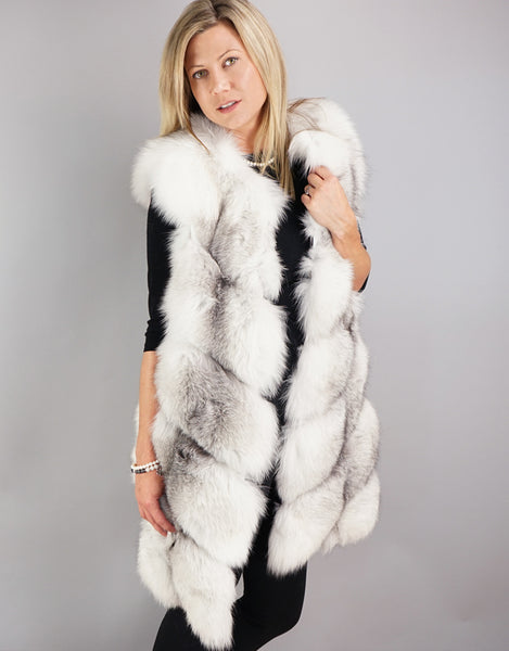 Chevron Detail Long Fox Vest - Natural Blue