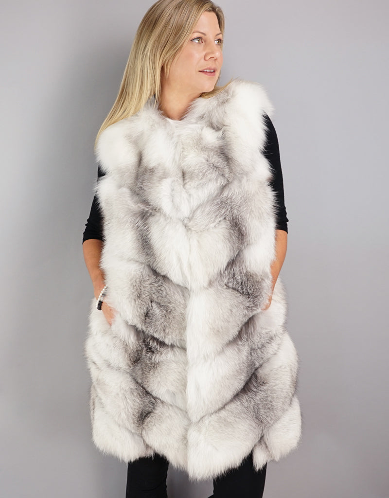 Chevron Detail Long Fox Vest - Natural Blue