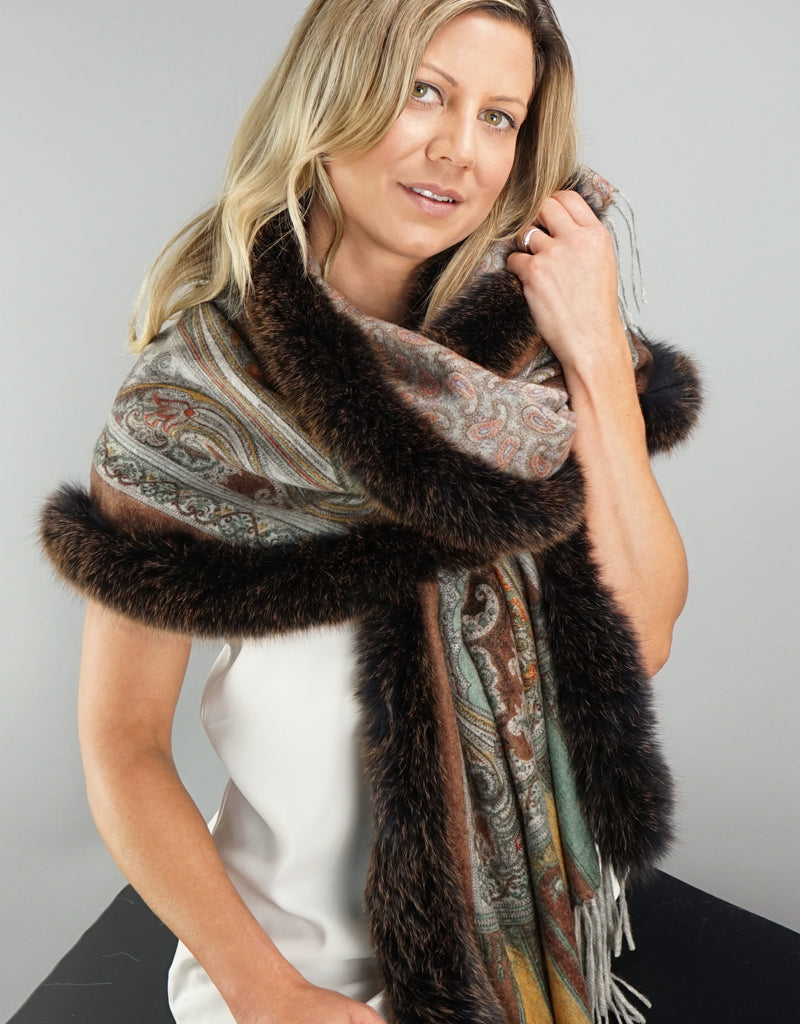 Printed Cashmere Shawl- Marigold / Brown Snow