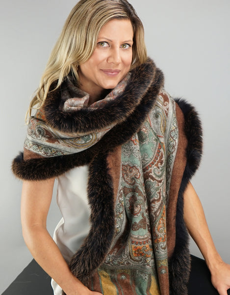 Printed Cashmere Shawl- Marigold / Brown Snow