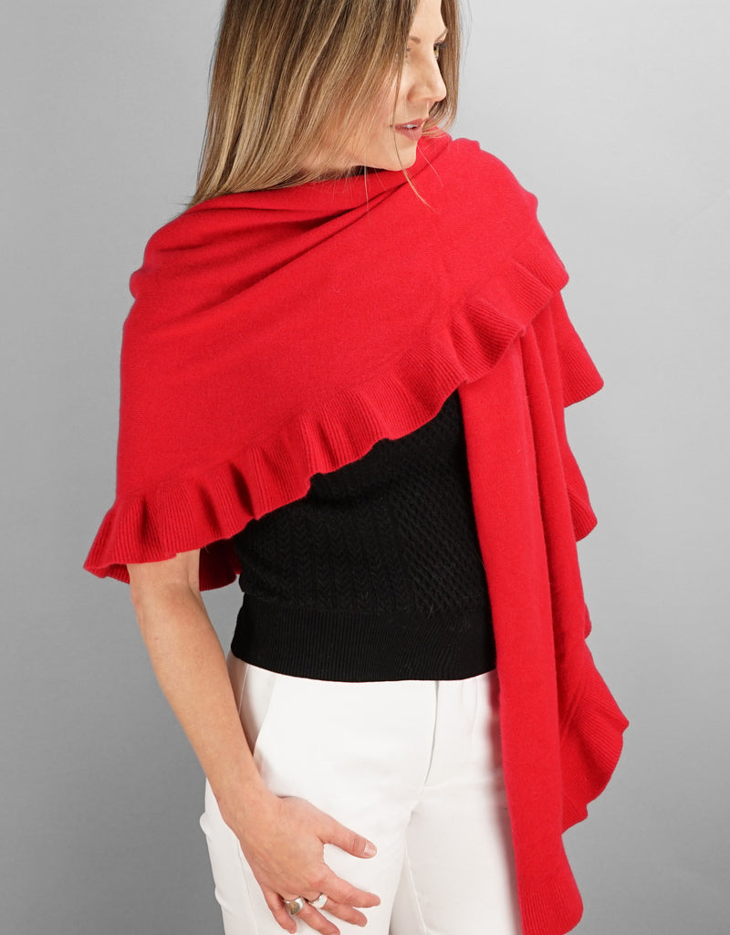 Beautiful Cashmere Ruffle Shawl- Cherry Red