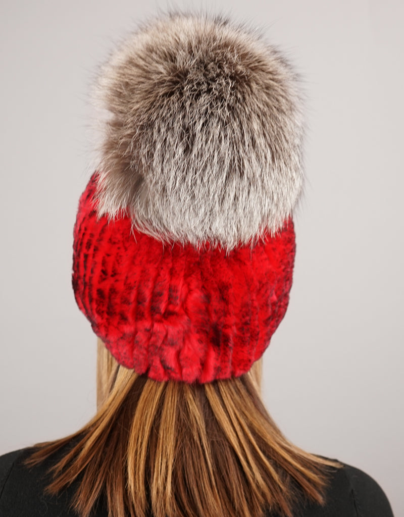 Oversize Pom Pom Stretch Rex Hat - Red Silver
