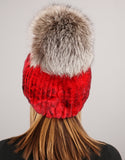 Oversize Pom Pom Stretch Rex Hat - Red Silver