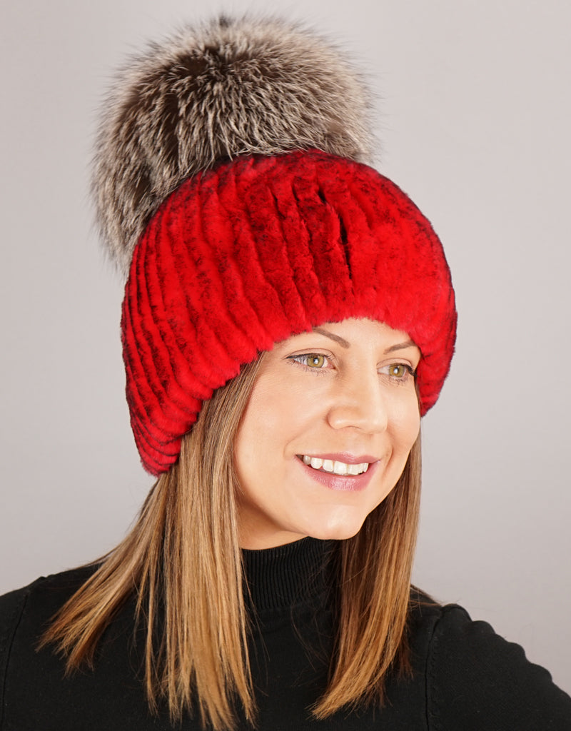 Oversize Pom Pom Stretch Rex Hat - Red Silver