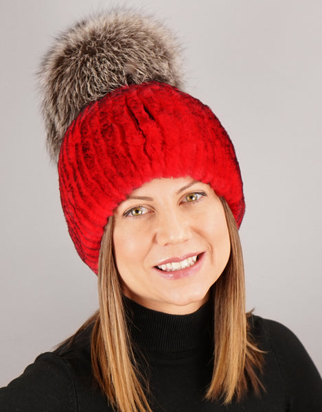 Oversize Pom Pom Stretch Rex Hat - Red Silver