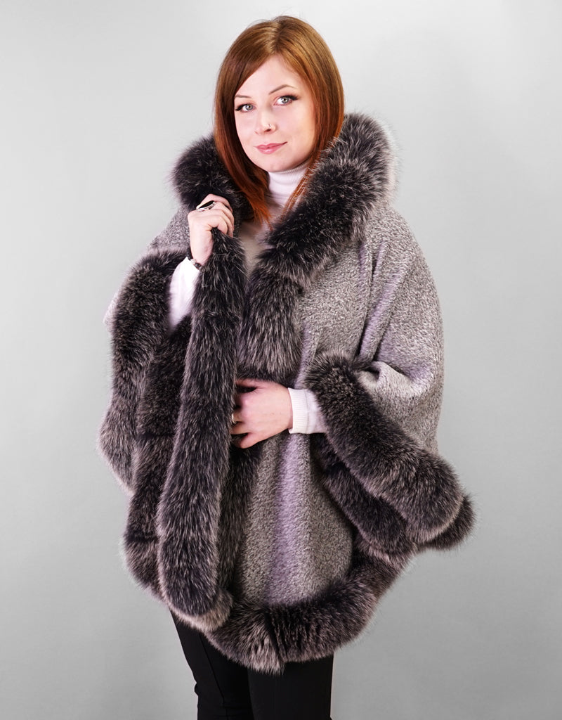 Full Band Hooded Alpaca Cape- Silver