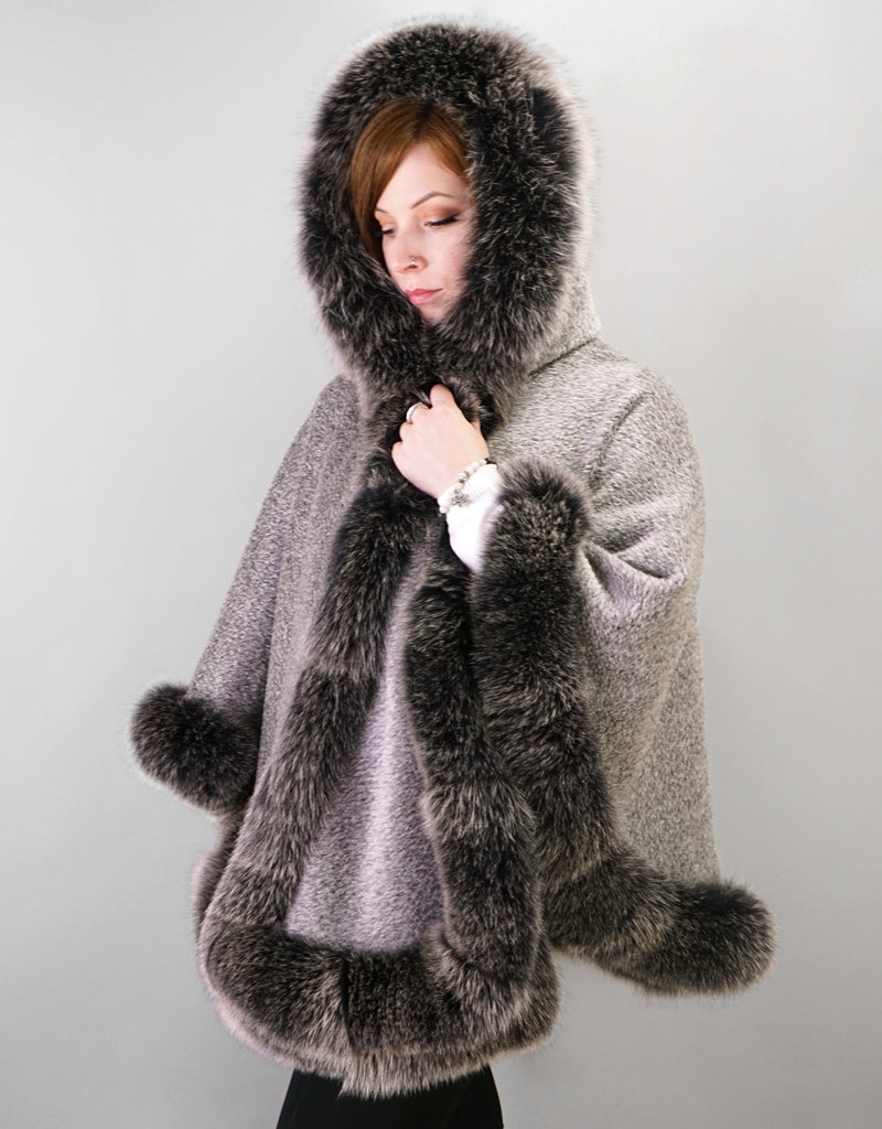 Full Band Hooded Alpaca Cape- Silver