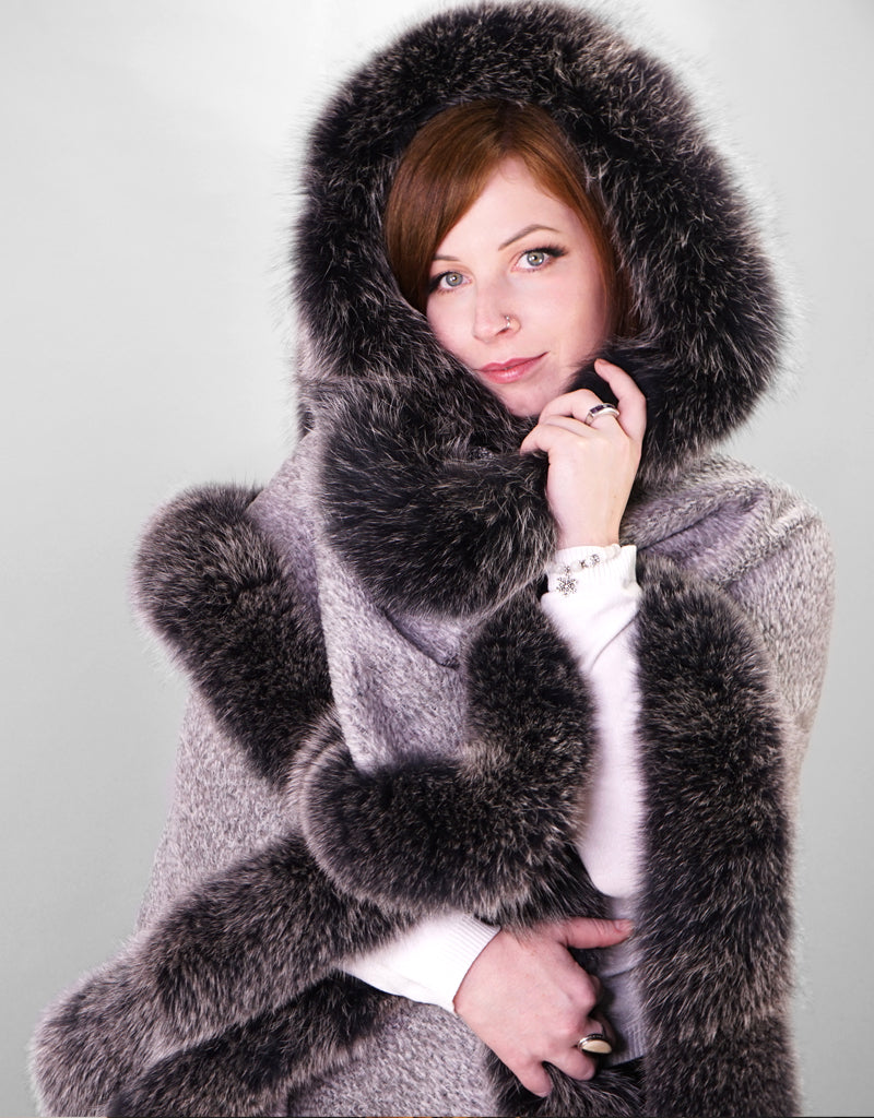 Full Band Hooded Alpaca Cape- Silver