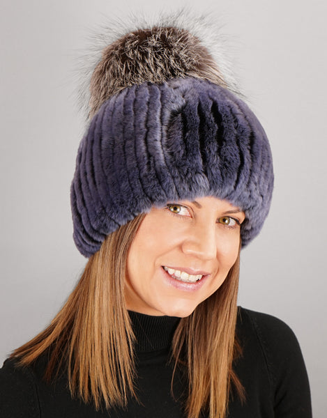 Oversize Pom Pom Stretch Rex Hat - Dusty Blue Silver
