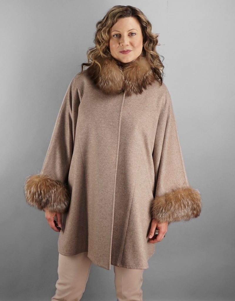 Cashmere Mandarin Collar Cape- Taupe / Amber