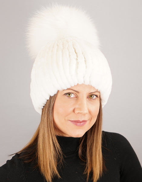 Oversize Pom Pom Stretch Rex Hat - White