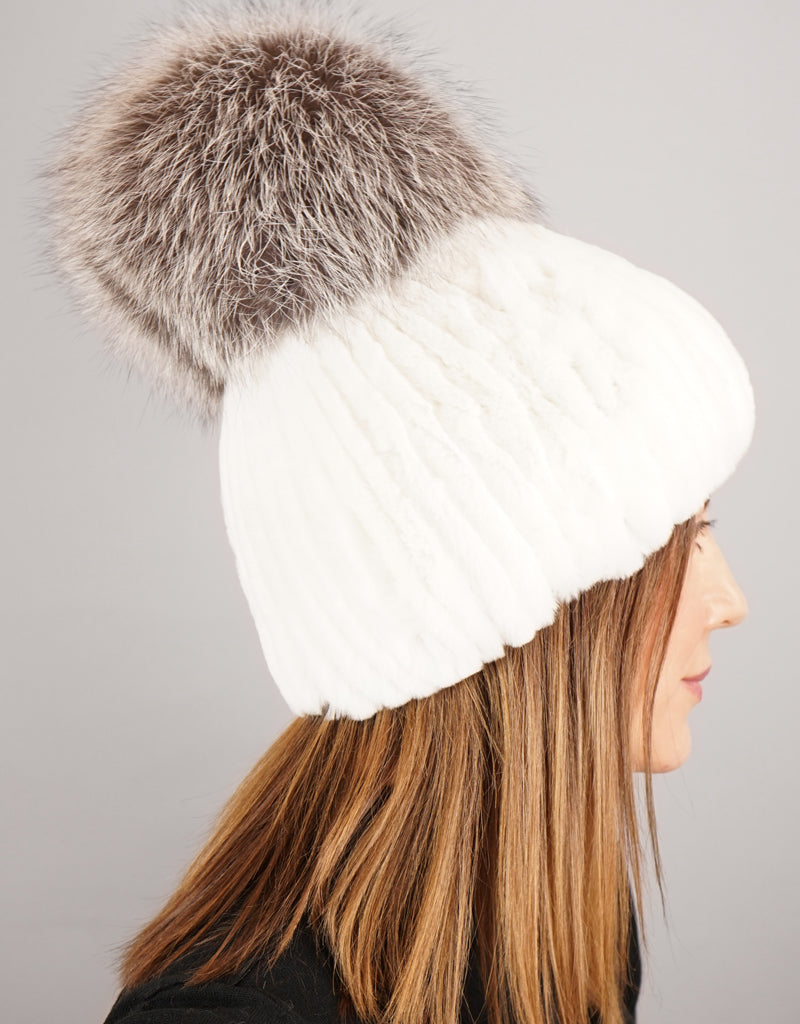 Oversize Pom Pom Stretch Rex Hat - White Silver